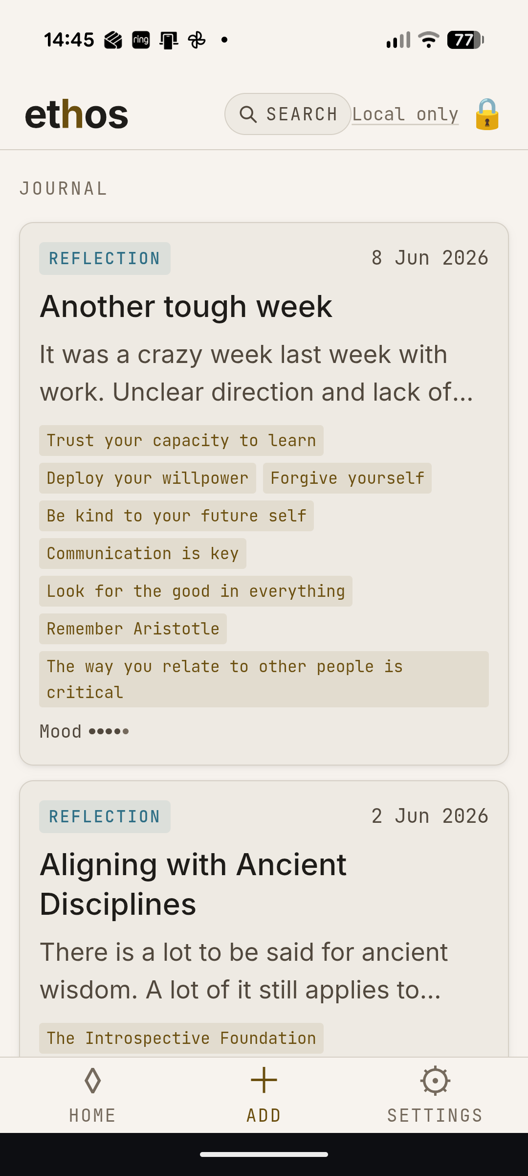 A journal entry card in Ethos